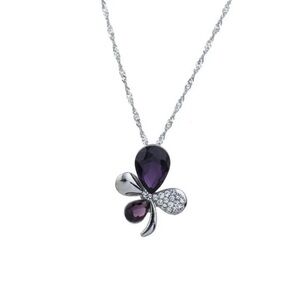 Silver Tone 4 Leaf Clover Purple Necklace